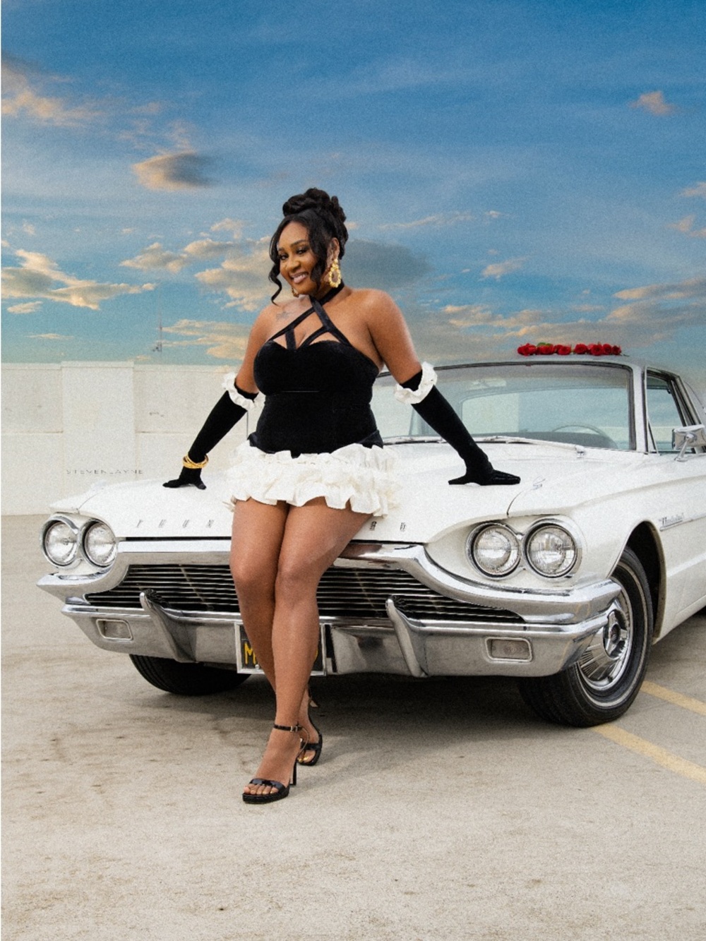 Black and White Ruffled Mini Dress with Strappy Halter and gloves